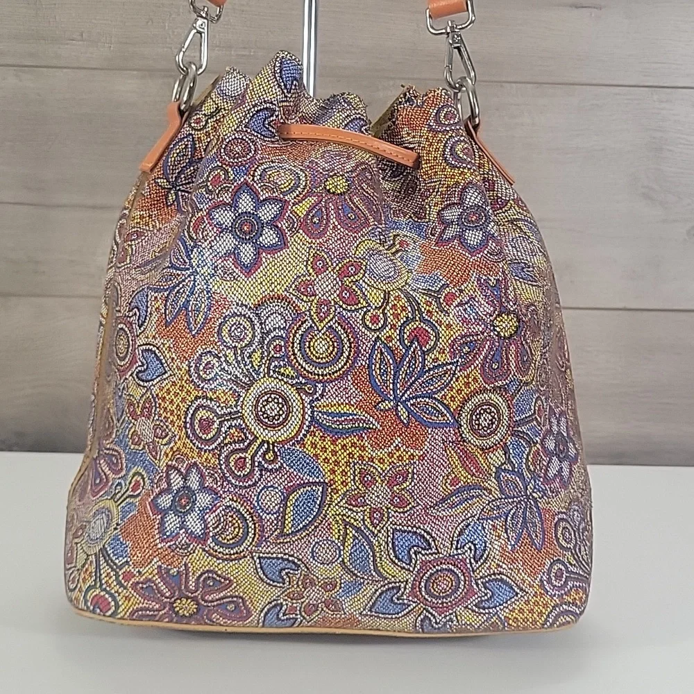Innue Multicolor Floral Leather Drawstring Bucket Bag with Orange Trim
